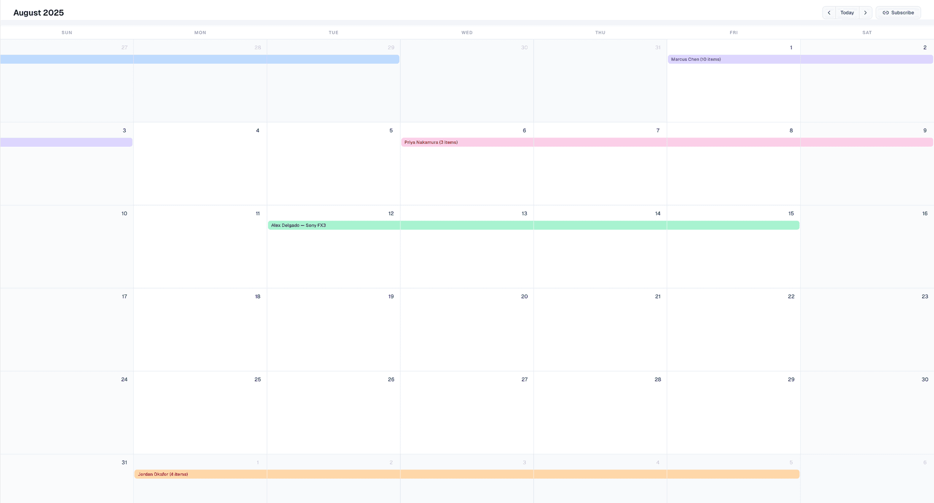 Bookings calendar with color-coded rental events spanning multiple days