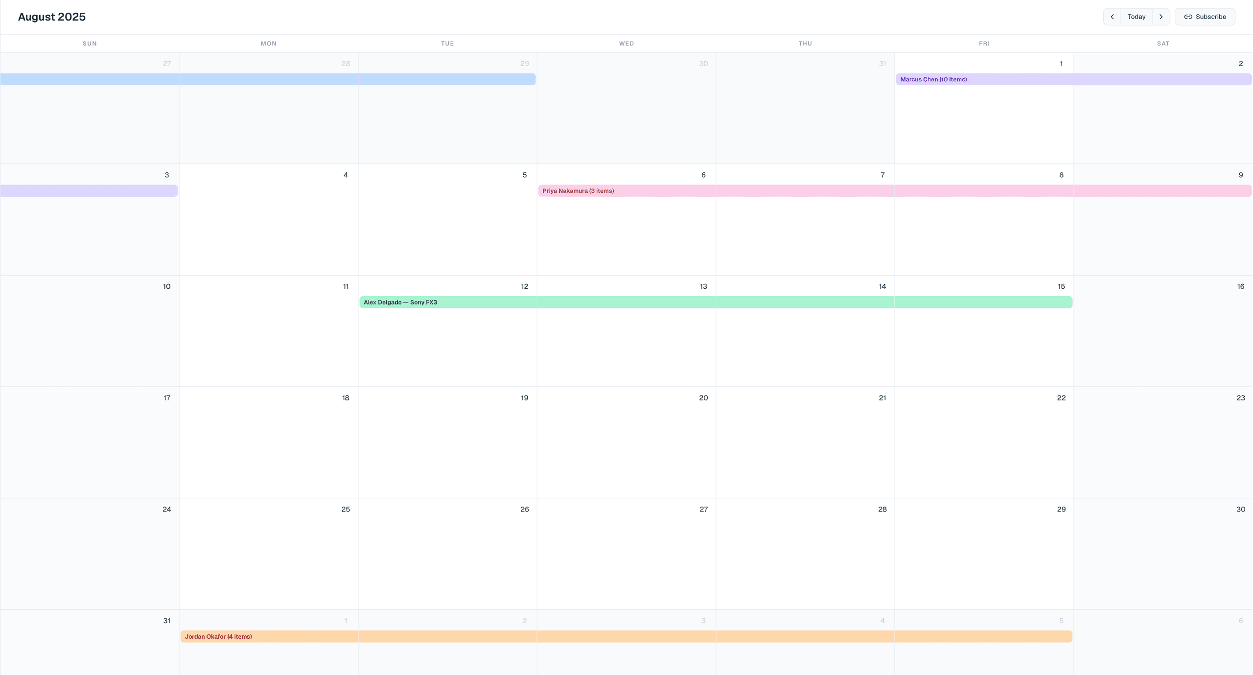 Bookings calendar with color-coded rental events spanning multiple days