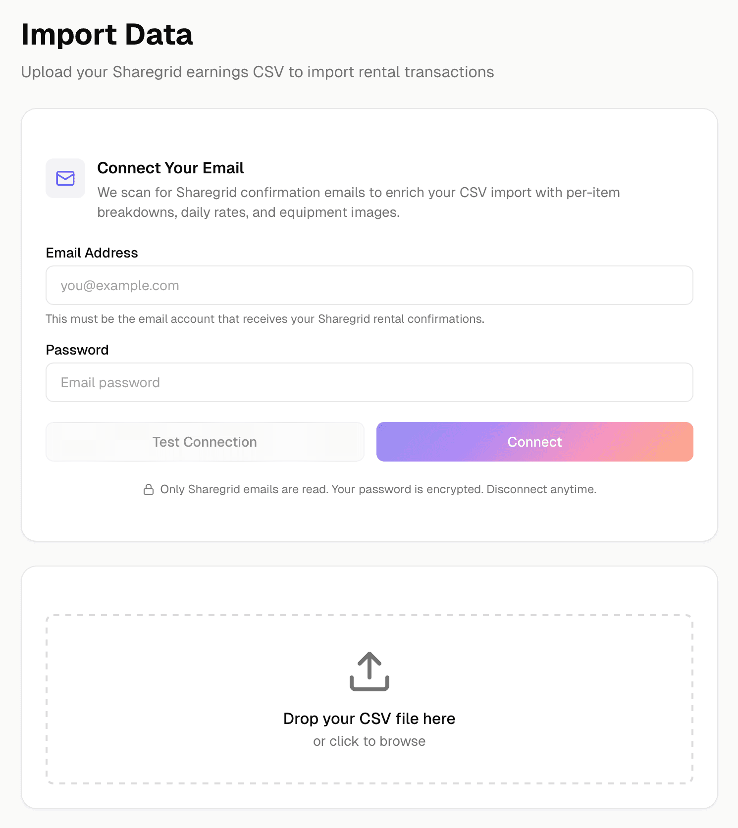 Email connection and CSV import page for enriching rental data